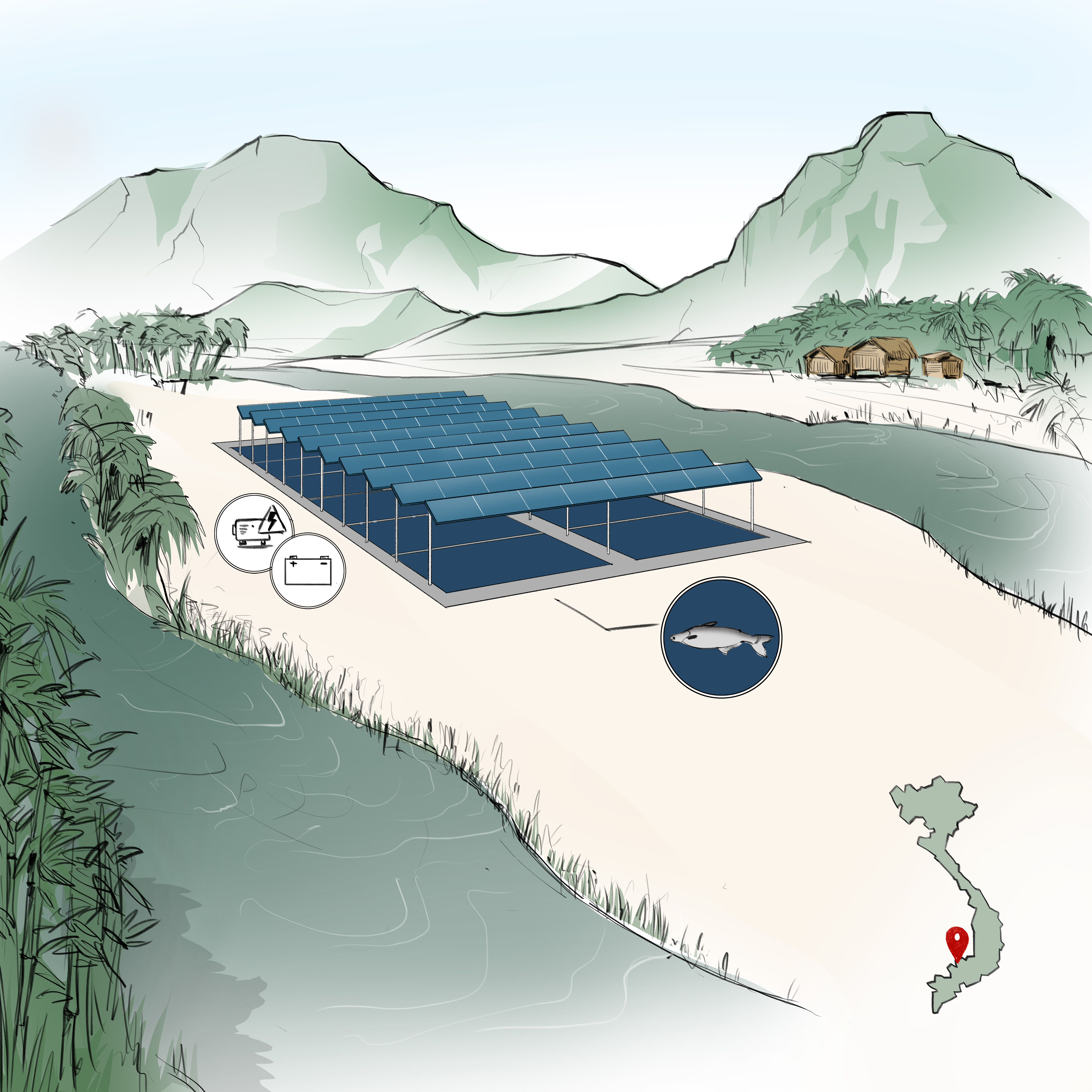 Geplante Pangasius-Photovoltaikanlage zur autarken Energieversorgung in An Giang