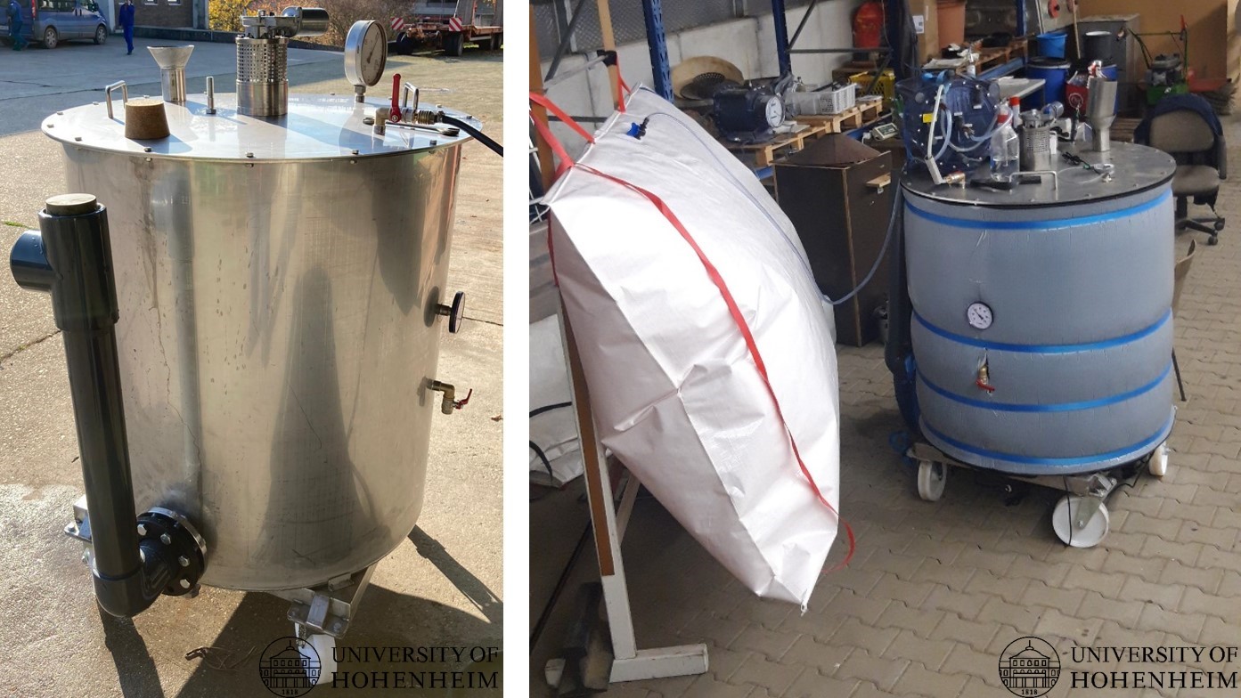 Figure 3: Pilot scale digester (Left), and the biogas is collected in the white bag, which is connected to the digester (Right).