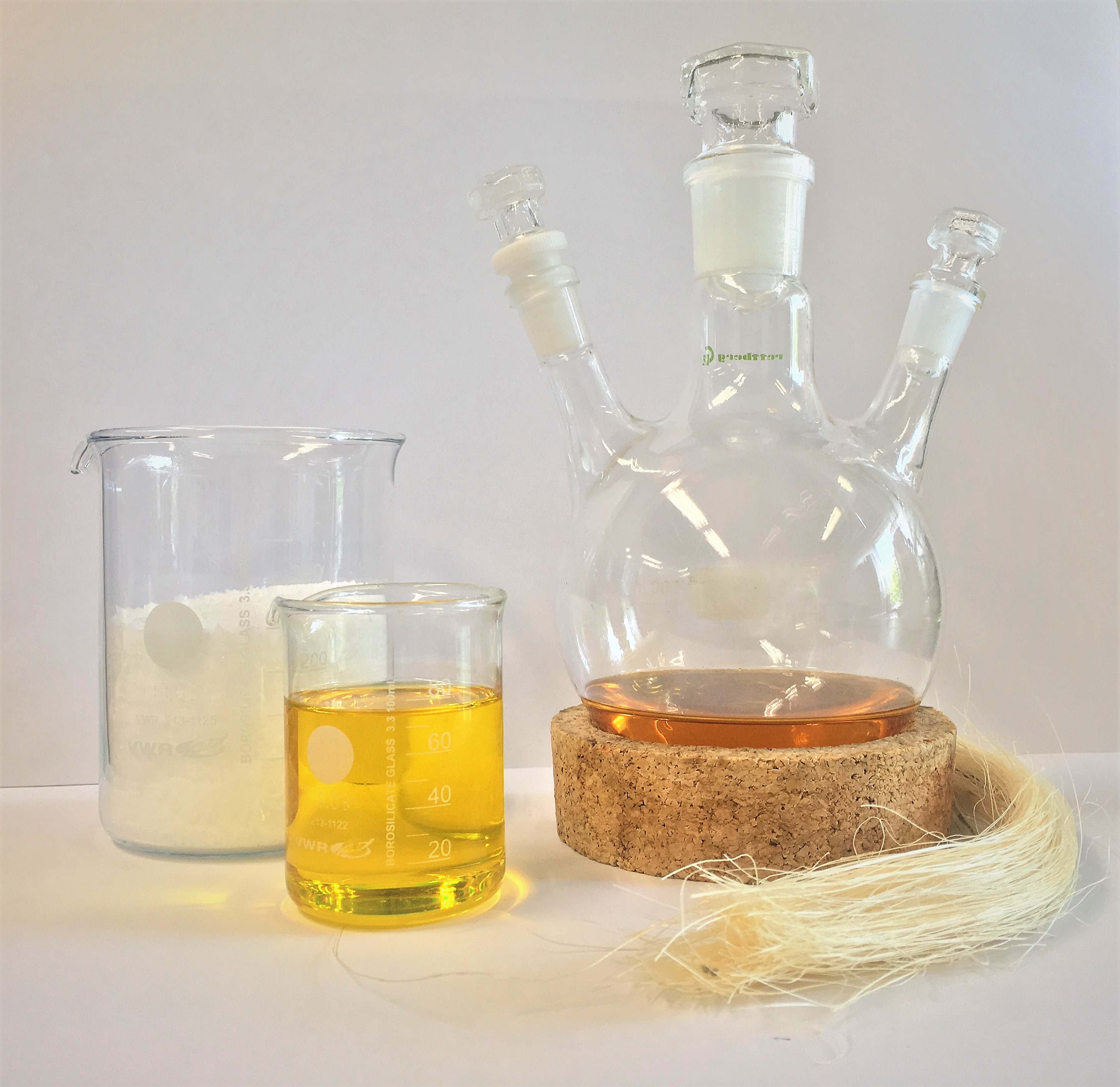 Used resources: lactide, plant oil and natural fibres, as well as an intermediale stage of the polymer synthesis in a reaction flask. © Fraunhofer IFAM